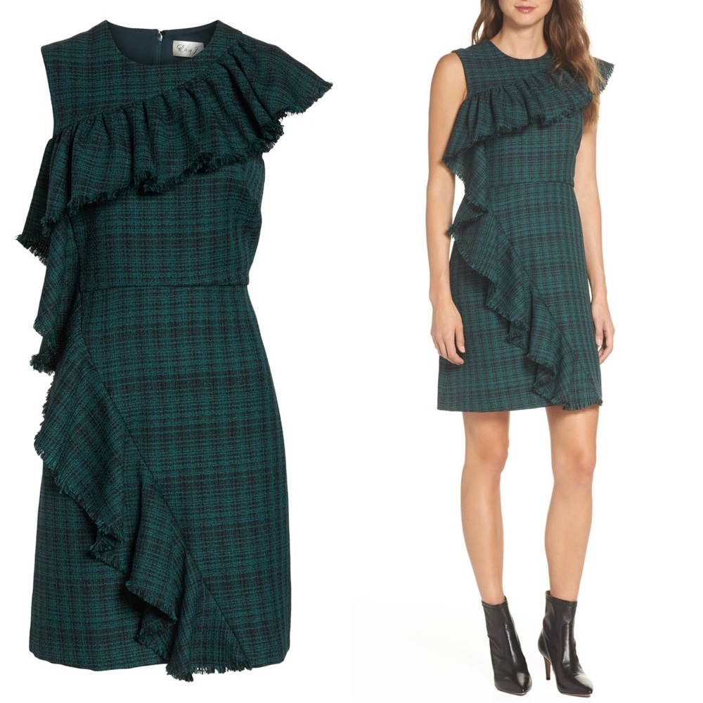 Chelsea28 Ruffle Detail Plaid Sheath Dress